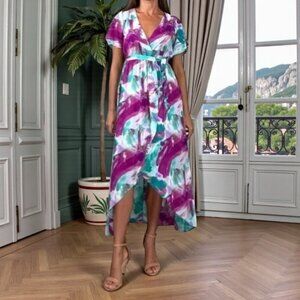 JUNE & HUDSON FLORAL PRINT HIGH LOW WRAP DRESS